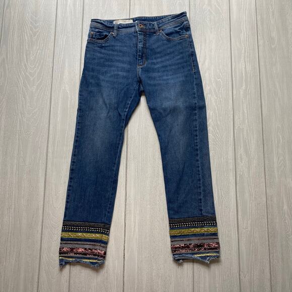 Pilcro Anthropologie Blue Denim Boho Embroidered Hem Crop Jeans Size 27 - Picture 1 of 12